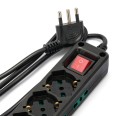 Regleta de 6 enchufes: 2 tomas Schuko + 4 tomas doble uso 10/16A. Cable de 1,5m e interruptor.