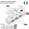 Multipresa 9 posti: 3 prese Schuko bivalenti 10/16A + 6 prese bivalenti 10/16A. Cavo 1,5m, interruttore luminoso e spina angolar