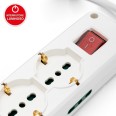 Multipresa 9 posti: 3 prese Schuko bivalenti 10/16A + 6 prese bivalenti 10/16A. Cavo 1,5m, interruttore luminoso e spina angolar
