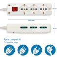 Multipresa 9 posti: 3 prese Schuko bivalenti 10/16A + 6 prese bivalenti 10/16A. Cavo 1,5m, interruttore luminoso e spina angolar
