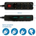 Multiprise à 9 prises : 3 prises Schuko + 6 prises double usage 10/16 A. Câble de 1,5 m et interrupteur.