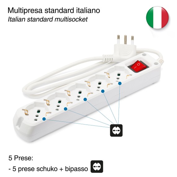 Multipurpose 5-way power strip (Schuko +...