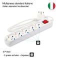 Multipurpose 5-way power strip (Schuko + 10/16A). With switch, 1.5 m cable, and space-saving plug.