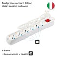 Multiprise avec interrupteur lumineux, 6 prises Schuko 10/16 A à double usage, câble de 1,5 m