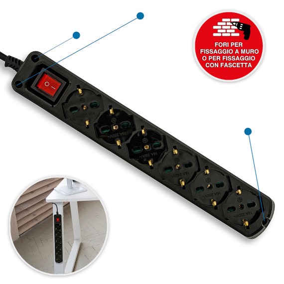 Regleta multiusos Schuko de 6 tomas + 10/16A...