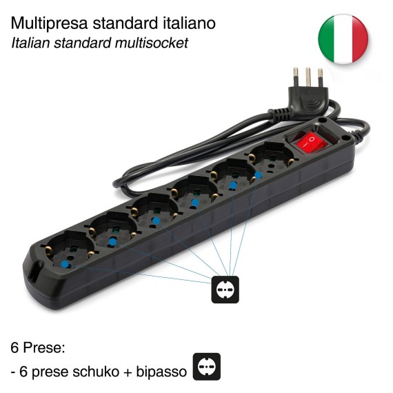 Regleta multiusos Schuko de 6 tomas + 10/16A...