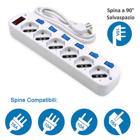 6-Way 10/16A Schuko Power Strip