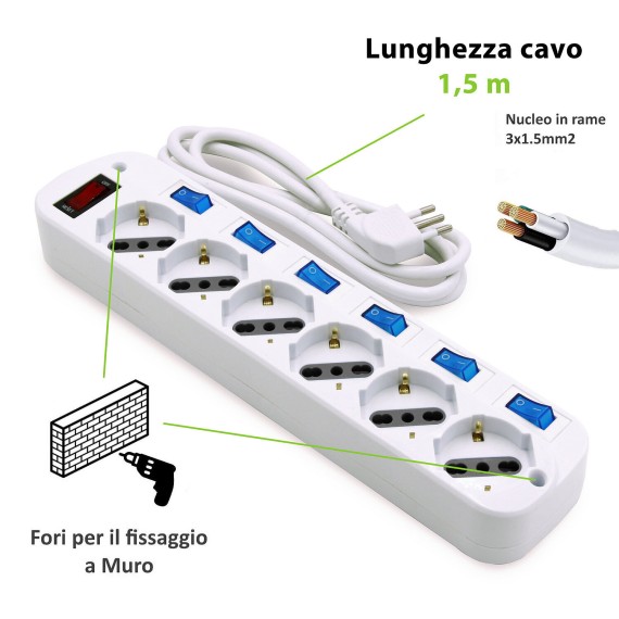 6-Way 10/16A Schuko Power Strip