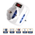 Rotating adapter: 1 x 10A plug vs. 2 x 10/16A sockets + 1 x Schuko socket. With overload protection switch.