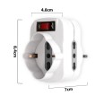 Rotating adapter: 1 x 10A plug vs. 2 x 10/16A sockets + 1 x Schuko socket. With overload protection switch.