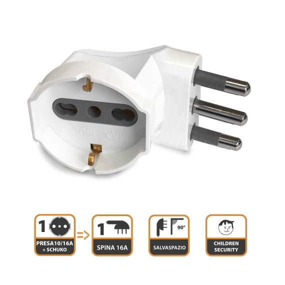 90°-Schuko-Adapter: 1 10/16-A-Steckdose mit...