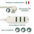 Multiprise avec fiche coudée 10 A et 3 prises va-et-vient 10/16 A. Interrupteur de sécurité. Blanche.