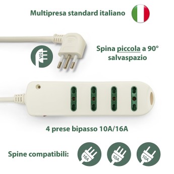 Power strip with 10A angled plug to 4 10/16A two-way... 2