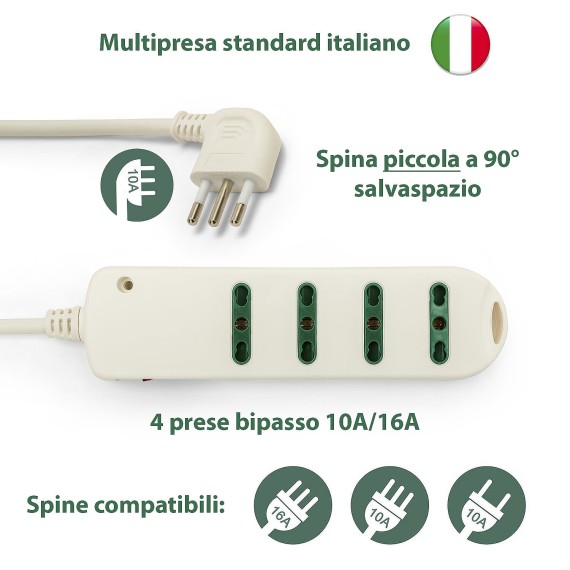 Power strip with 10A angled plug to 4 10/16A...