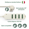 Power strip with 10A angled plug to 4 10/16A two-way sockets. With safety switch. White.