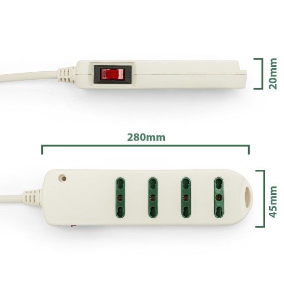 Power strip with 10A angled plug to 4 10/16A...