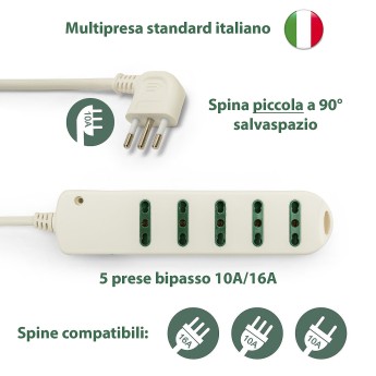 Power strip with 10A angled plug to five 10/16A two-way... 2