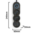 Multiprise française 3 x 16 A avec interrupteur, câble de 1,5 m, H05VV-F3G1.0MM2, CE, NF. Noire