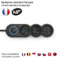 Multiprise française 3 x 16 A avec interrupteur, câble de 1,5 m, H05VV-F3G1.0MM2, CE, NF. Noire