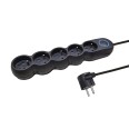 French power strip 5x16A, with switch, 1.5m long cable, H05VV-F3G1.0MM2, CE, NF. Black