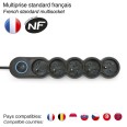 French power strip 5x16A, with switch, 1.5m long cable, H05VV-F3G1.0MM2, CE, NF. Black