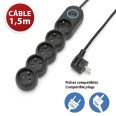 French power strip 5x16A, with switch, 1.5m long cable, H05VV-F3G1.0MM2, CE, NF. Black