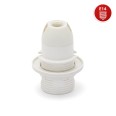 E14-Lampenfassung aus Thermoplast. Teilgewinde, mit Überwurfmutter. Weiß.