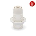 Douille E14 en thermoplastique. Entièrement filetée, avec écrou annulaire. Blanche.