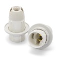 Douille E14 en thermoplastique. Entièrement filetée, avec écrou annulaire. Blanche.