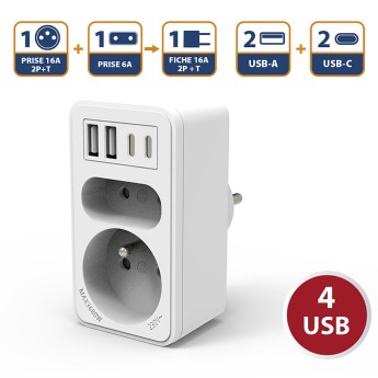 Front splitter 2+P 16A + 6A with 2 USB-A sockets and 2... 2