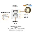 Frontseitiger Biplite-Anschluss (2+P, 16 A + 6 A) mit Nachtlicht, 1 USB-A-Buchse und 1 USB-C-Buchse