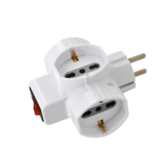 Three-socket 10/16A adapter with Schuko and one 16A plug....