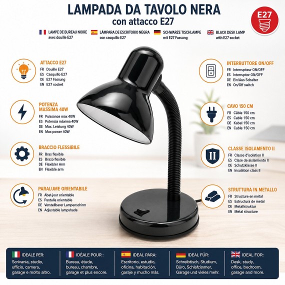 CHARLESTON: Black table lamp with E27 socket