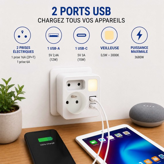 Front biplite 2+P 16A + 6A with night light, 1...