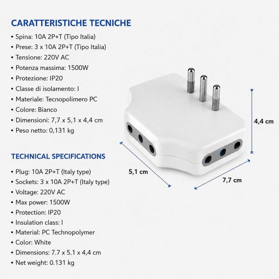 Adattatore presa tripla: 3 prese 10A e 1 spina 10A