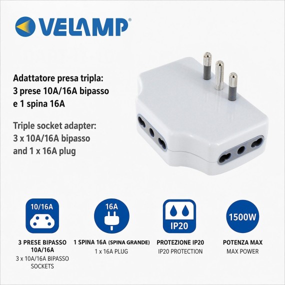 Triple socket adapter: 3 10A/16A two-way...