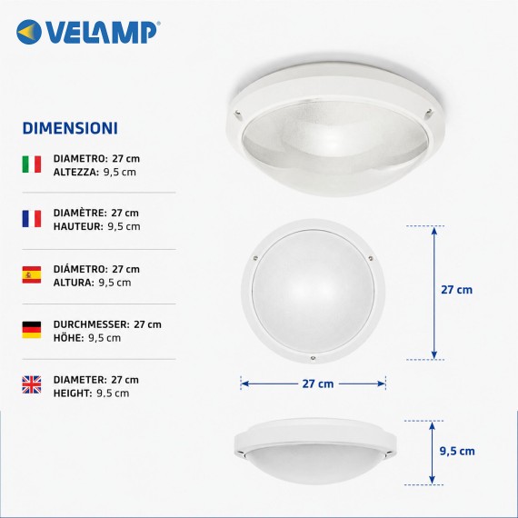 Plafoniera E27 tonda, diametro 27cm, IP54,...