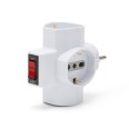 Three-socket 10/16A adapter with Schuko and one 16A plug. With overload protection. 3500W max.