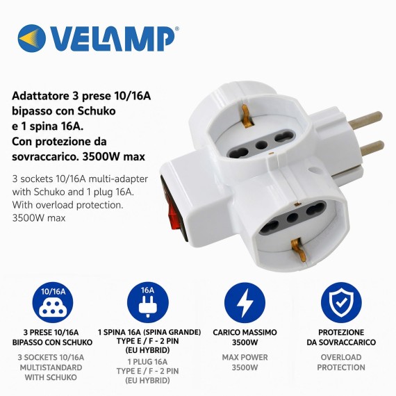Three-socket 10/16A adapter with Schuko and one...