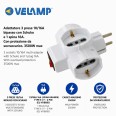 Three-socket 10/16A adapter with Schuko and one 16A plug. With overload protection. 3500W max.