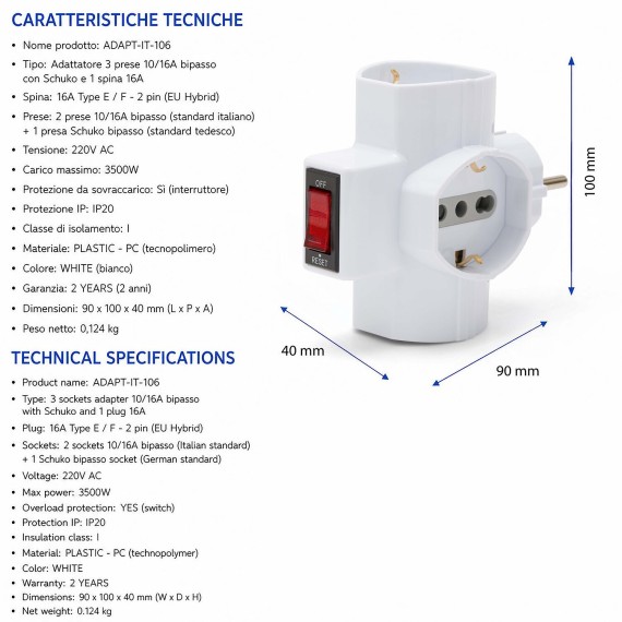 Three-socket 10/16A adapter with Schuko and one...