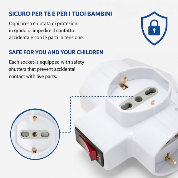 Three-socket 10/16A adapter with Schuko and one...