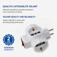 Three-socket 10/16A adapter with Schuko and one 16A plug. With overload protection. 3500W max.