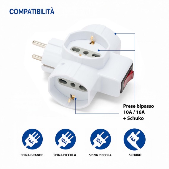 Three-socket 10/16A adapter with Schuko and one...