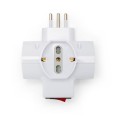 Three-socket 10/16A adapter with Schuko and one 10A plug. With overload protection.