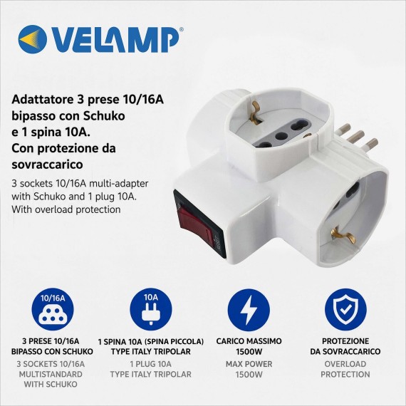 Three-socket 10/16A adapter with Schuko and one...