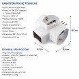 Three-socket 10/16A adapter with Schuko and one 10A plug. With overload protection.
