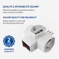 Three-socket 10/16A adapter with Schuko and one 10A plug. With overload protection.