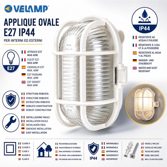 Oval plastic and glass wall light. E27 socket,...