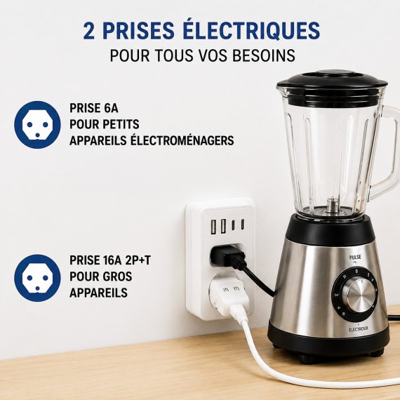 Biplite frontale 2+P 16A + 6A con 2 prese USB-A...
